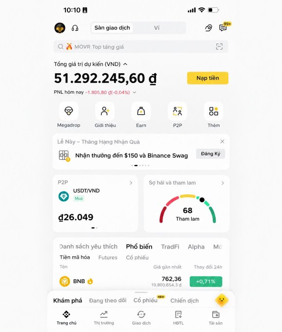 A screenshot of a cryptocurrency trading app in Vietnamese, showing a total estimated value of '51.292.245,60 đ' with a daily PNL of '-1.805,80 đ', featuring sections for P2P trading and a crypto list showing BNB at '762,36'.