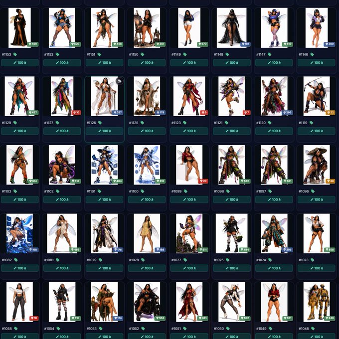 A grid showing numerous thumbnails of AI-generated fantasy female characters, many with insect-like wings, each labeled with a price and '100 B'.