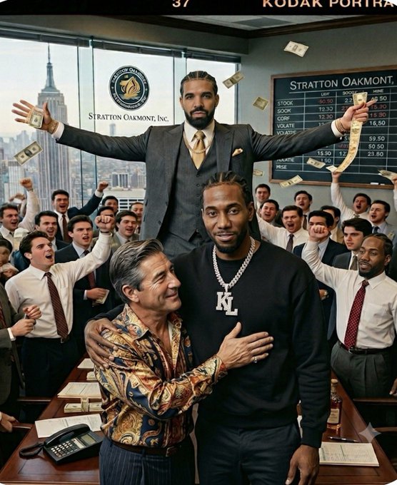 The image shows three men celebrating in an office decorated with a "STRATTON OAKMONT, INC." wall sign and stock ticker boards, with money flying through the air and an excited crowd behind them. The man in front wears a black shirt with "KL" in diamond letters, standing alongside an older man in a patterned shirt, while a bearded man in a suit raises his arms triumphantly in the background. The scene reflects the $82 stock celebration with high energy and exuberance, matching the post's invitation to the "real ones" at the open $82 party.