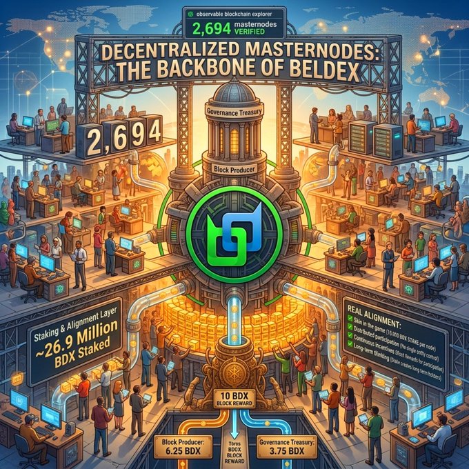 A promotional graphic titled 'DECENTRALIZED MASTERNOdes: THE BACKNOE OF BELDEX' showing 2,694 verified masternodes, with text including 'Staking & Alignment Layer ~26.9 Million BDX Staked' and '10 BDX BLOCK REWARD'.
