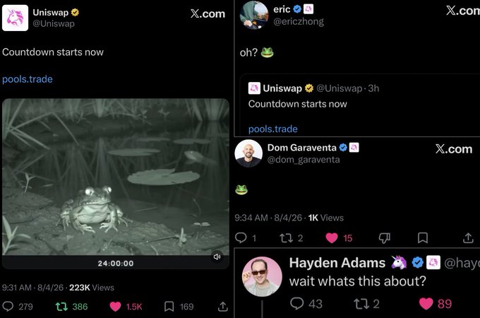 A collage of X posts showing @Uniswap's official tweet "Countdown starts now" linking to pools.trade alongside a 24-hour timer video of a frog, with reactions from @ericzhong, @dom_garaventa, and @haydenzinc questioning what's happening. The image highlights Uniswap's first-ever acknowledgment of their new launchpad Pools.trade and the return of lead product designer Eric Zhong after a year-long absence.