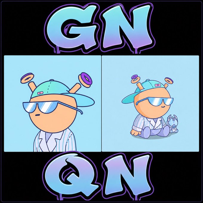 A digital illustration featuring graffiti-style 'GN' text at the top and bottom, with two cartoon panels in between showing an orange character wearing a teal cap, sunglasses, and antennae; one panel shows a close-up portrait while the other depicts the character sitting next to a small blue robot companion.