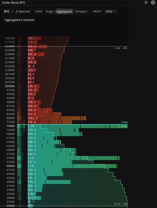 An aggregated BTC order book depth chart showing bid/ask liquidity across price levels from ~$25,000 to $130,000, with notable concentration around the $77,300 current price.
