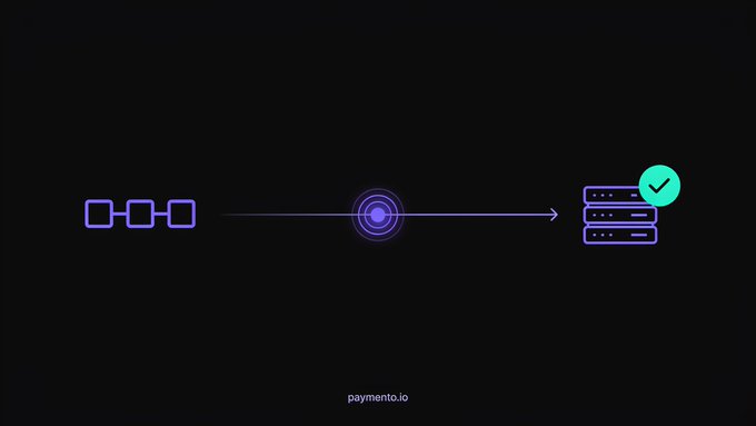 A minimal animation graphic on a black background showing a blockchain sequence, a central node, and an arrow pointing to a server stack with a green checkmark, branded with 'payment.io'.