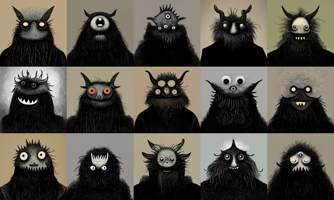A grid of 15 dark, furry, monstrous illustrations featuring creatures with horns, multiple eyes, and menacing expressions in a vintage-style artwork.