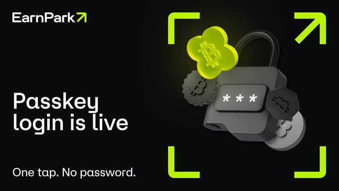 EarnPark promotional graphic announcing "Passkey login is live" with the tagline "One tap. No password." and a 3D lock-and-key illustration featuring Bitcoin symbols.