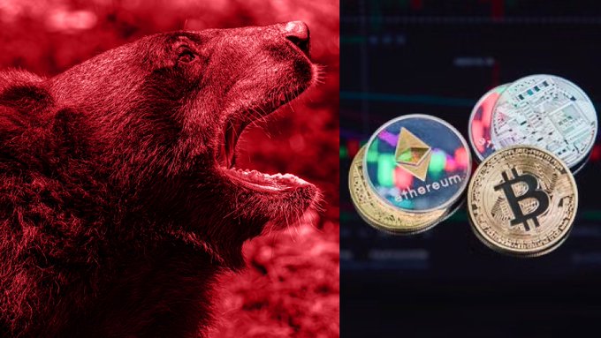 A roaring red bear on the left symbolizes a bearish crypto market, paired with physical Bitcoin ($BTC) and Ethereum ($ETH) coins on the right, visually reinforcing the post's message about large market makers holding significant short positions.