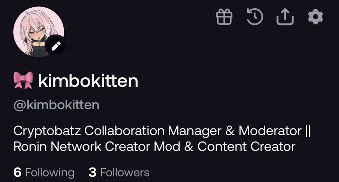 A profile page for user "kimbokitten" (@kimbokitten) describes them as a "Cryptobatz Collaboration Manager & Moderator || Ronin Network Creator Mod & Content Creator" with 6 Following and 3 Followers.
