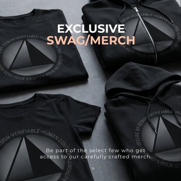 A promotional graphic announcing "EXCLUSIVE SWAG/MERCH" featuring black hoodies and a t-shirt branded with "DESIGN. VERIFIABLE. HUMAN. KEYS. YOUR IDENTITY. YOUR HUMAN CON." alongside the text "Be part of the select few who get access to our carefully crafted merch." The image ties into the post by visually showcasing the exclusive Ambassador rewards available to Foundation affiliates for completing daily tasks and hitting sales milestones.