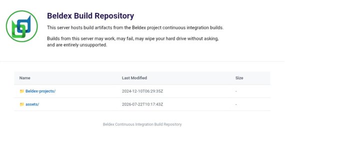 A web page titled 'Beldex Build Repository' hosting build artifacts for Beldex-project/ and assets/ with a disclaimer about unsupported builds.