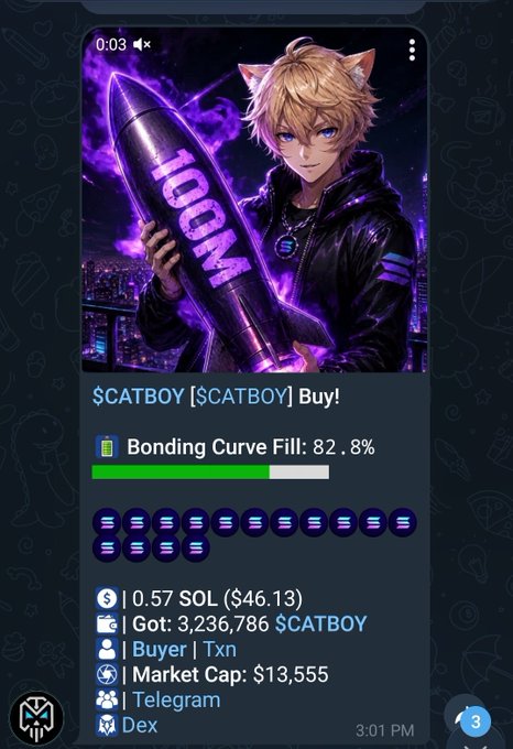 A Telegram-style crypto trading interface for $CATBOY showing a bonding curve fill at 82.8%, a price of 0.57 SOL ($46.13), and a market cap of $13,555.