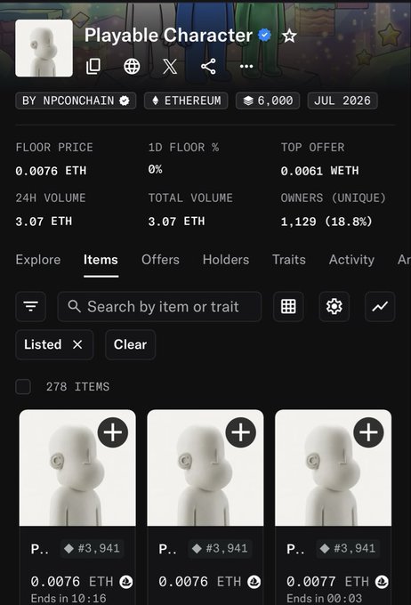 An NFT marketplace listing for the 'Playable Character' collection on Ethereum by NPCCONCHAIN, showing a floor price of 0.0076 ETH, 24H volume of 3.07 ETH, and 1,129 unique owners, with items listed at prices like 0.0076 ETH and 0.0077 ETH.