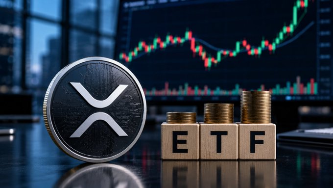 An XRP coin is displayed alongside wooden blocks spelling "ETF" and gold coin stacks, with a candlestick chart showing price trends in the background, visually representing the context of XRP spot ETFs attracting $22.99 million in inflows last week—marking the largest June figure and highlighting XRP's strong momentum amid Bitcoin and Ethereum's sluggish performance.
