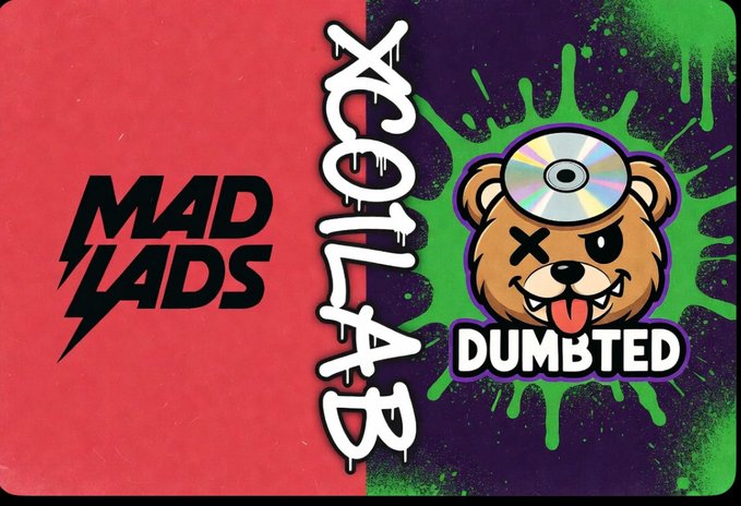 A split promotional image showing the text 'MAD LADS' in red on the left and 'XOTLAD DUMBTED' with a teddy bear wearing a disc on the right.