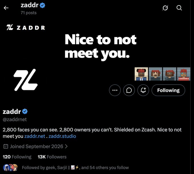 The image shows the Twitter/X profile of "zaddr" (@zaddrnet), displaying the slogan "Nice to not meet you," along with their bio mentioning "2,800 faces you can see, 2,800 owners you can't," 13K followers, and an account joined in September 2026. This relates to the accompanying post highlighting ZEC NFT applications and the project's anonymity-focused theme, where every face is public but every owner remains shielded.