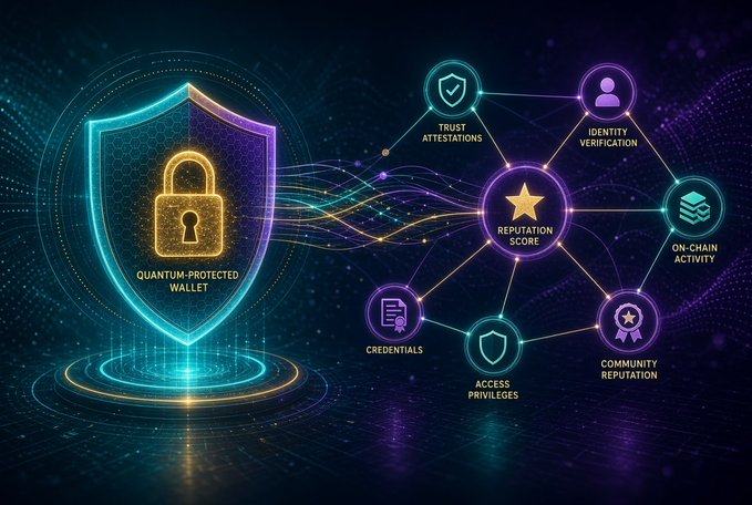 A digital illustration showing a quantum-protected wallet shield connected to reputation score elements like trust attestations, identity verification, and on-chain activity.