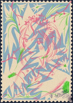 An artistic illustration on a stamp-shaped canvas depicting a figure among tropical leaves with a signature in the corner.