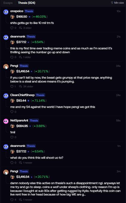 A screenshot of a 'Thesis' social media feed under the 'Swaps' tab, showing crypto trading posts from users 'onepiece', 'deanmonk', 'Pengi', 'CleanChiefSheep', and 'NetSpareAnt' discussing memecoins and meme trading activities.