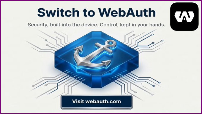 Promotional graphic for WebAuth featuring an anchor logo on a blue circuit-board-styled background, with text reading 'Switch to WebAuth' and tagline 'Security, built into the device. Control, kept in your hands.'
