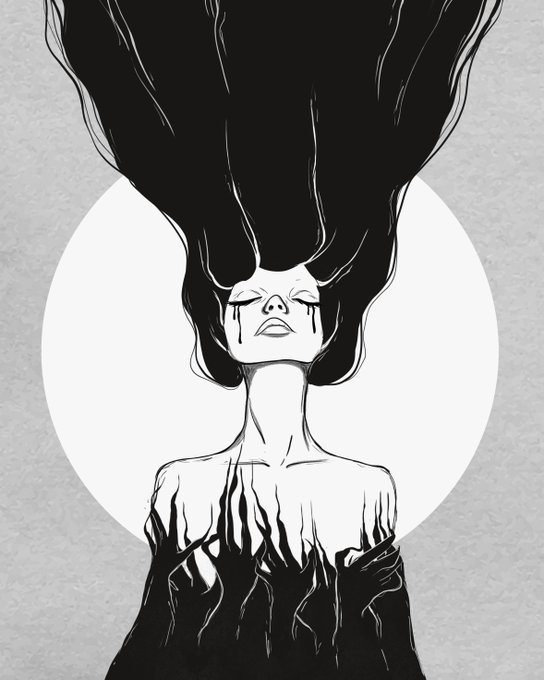 A black and white stylized illustration depicts a woman with tears streaming down her face, her hair flowing upward like dark smoke against a white circular background.