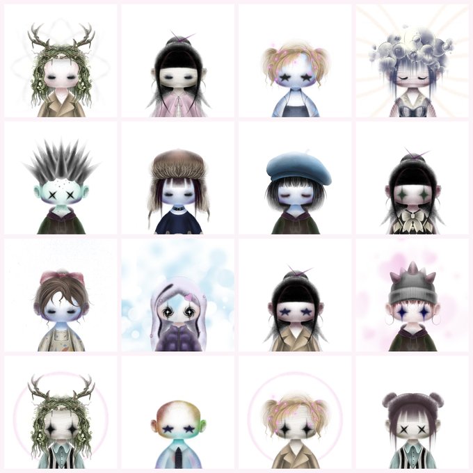 A grid of 16 stylized, doll-like illustrated character portraits with various hairstyles and accessories arranged in four rows on a light pink background.