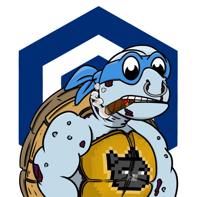 A cartoon illustration of a muscular blue mutant turtle character wearing a blue mask and a pixelated yellow shirt, set against a blue hexagon background.