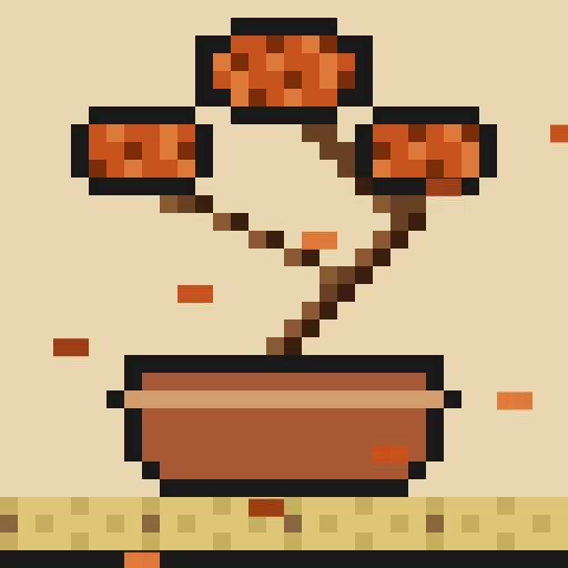 The image features a small bonsai tree sitting inside a brown pot. The tree has three branches, each adorned with orange leaves that add a vibrant touch of color to the scene. The pot holding the tree is placed on a table or countertop, making it the focal point of the image. The background appears to be a wall, providing a simple backdrop for the bonsai and its surroundings.