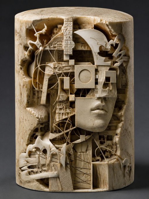 An intricate cylindrical wooden sculpture carved with surreal architectural elements, geometric shapes, and a partial human face.