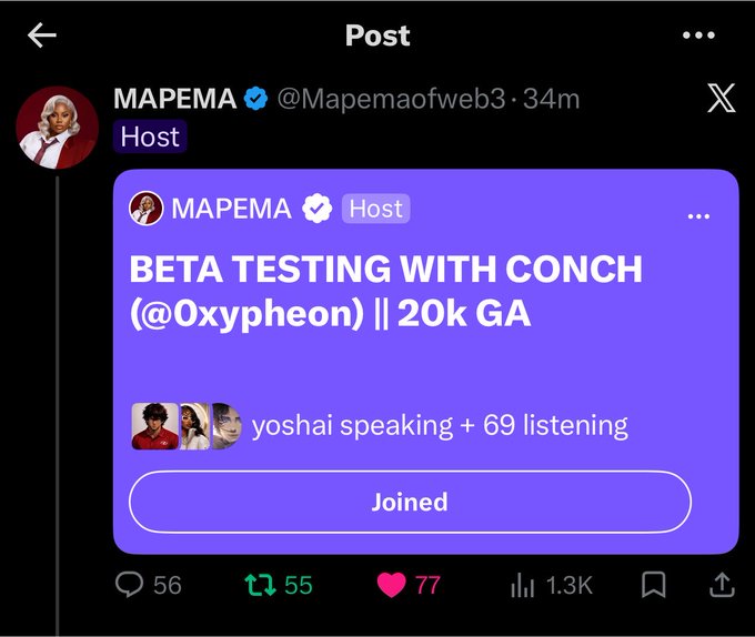 A screenshot of a Twitter (X) post by MAPEMA (@Mapemaofweb3) promoting a "BETA TESTING WITH CONCH (@Oxypheon) || 20k GA" giveaway, showing 56 comments, 55 reposts, 77 likes, and 1.3K views, with a "Joined" button indicating the accompanying text's call to follow the host and co-hosts for participation.