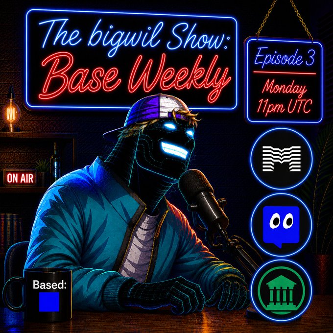 Neon-lit podcast graphic for "The bigwil Show: Base Weekly" Episode 3, airing Monday 11pm UTC, featuring a glowing robotic figure in a cap and jacket at a mic with a "Based:" mug, paired with the announcement that the show will now spotlight teams and founders building on @base, starting with @myrad_hq.
