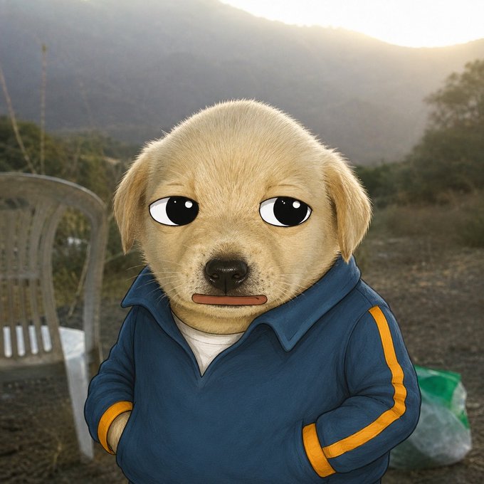 An illustrated, slightly weary-looking puppy in a blue and orange track jacket stands in a mountainous landscape, evoking a "tired of the grind" mood.

The caption ties into "Higher only" — a phrase often used in markets or fitness contexts meaning "only going up" — with the puppy's exhausted expression suggesting even the relentless climb to the top is draining.