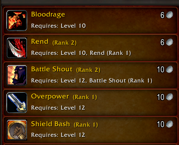 A video game skill menu displaying Warrior abilities including Bloodrage, Rend (Rank 2), Battle Shout (Rank 2), Overpower (Rank 1), and Shield Bash (Rank 1) with their level requirements and silver costs.
