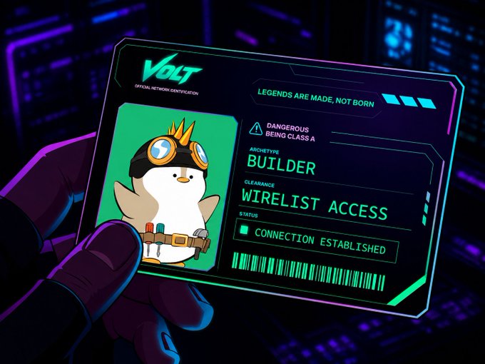 A gloved hand holds up a glowing cyberpunk-style ID card for "VOLT Official Network Identification," featuring a crowned penguin avatar with goggles labeled "BUILDER" and "WIRELIST ACCESS" with "CONNECTION ESTABLISHED" — serving as the official digital badge welcoming @enftsar to the Wirelist in recognition of their contributions to the Volt network.