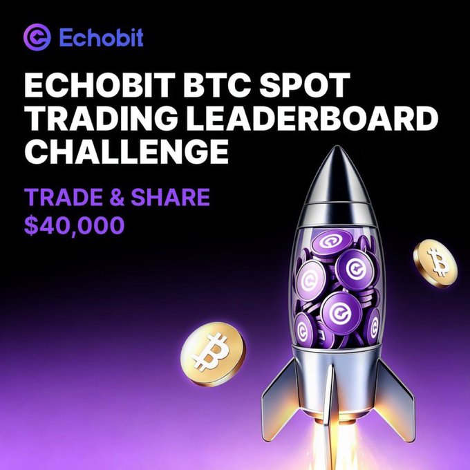 A promotional graphic for 'Echobit' announces an 'ECHOBIT BTC SPOT TRADING LEADERBOARD CHALLENGE' where users can 'TRADE & SHARE $40,000', featuring a rocket filled with Echobit and Bitcoin coins.