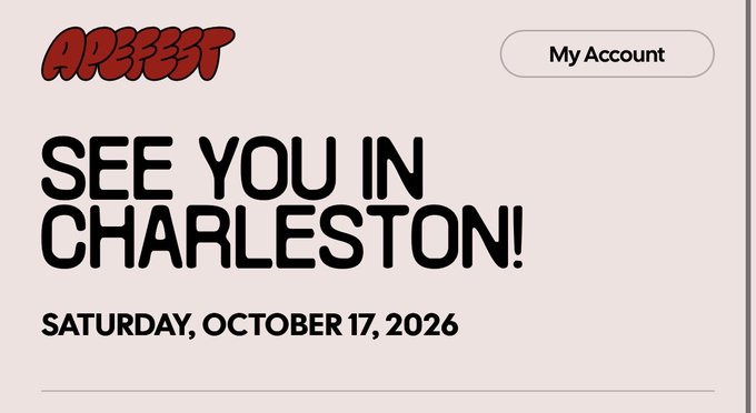 A promotional graphic with the 'APERFEST' logo and a 'My Account' button, announcing 'SEE YOU IN CHARLESTON! SATURDAY, OCTOBER 17, 2026'.