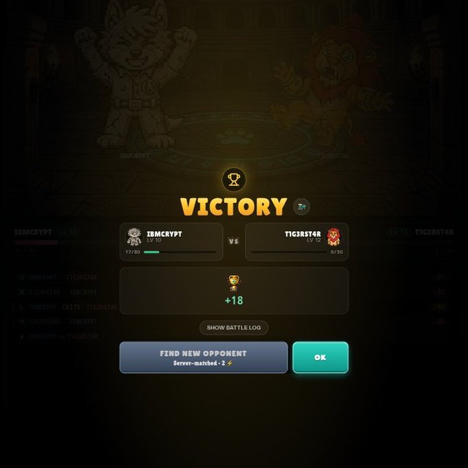 A "VICTORY" screen shows player "IBMCRYPT" defeating "TIG3RST4R" 17/90 to 0/90 in a Wolfage battle on WolfSwap, earning +18 points, celebrating the quick 3-hit knockout referenced in the post.