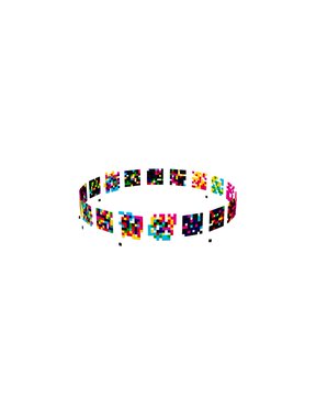 A colorful beaded bracelet or choker made of multicolored cubes with letters or symbols on them.
