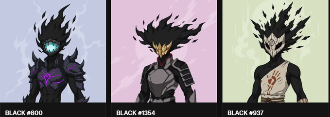 Three character illustrations labeled 'BLACK #800', 'BLACK #1354', and 'BLACK #937', each showing a different armored figure with flame-like black hair and varying color schemes (blue, gold/red, and green/red).