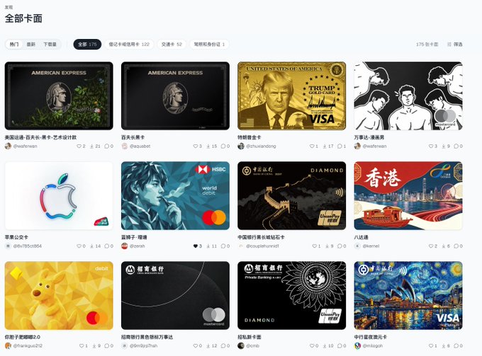 A grid layout displaying 12 credit card images from a social media app, including American Express (黑卡, 百夫长黑金), a Trump Gold Card, an anime-style card, an Apple logo card, and various Chinese bank cards (招行, 招商银行, 中行) with text like '全部卡', '热门', '最新', '下载量', and '175 张卡面'.