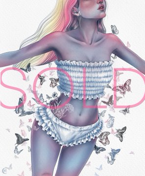 A watercolor-style illustration of a blonde woman in a ruffled two-piece outfit with pink text reading 'SOLE' overlaid across her body.