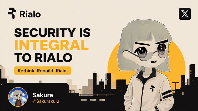 The promotional image features the Rialo logo and bold text declaring "SECURITY IS INTEGRAL TO RIALO" with the tagline "Rethink. Rebuild. Rialo." alongside an anime-style character in glasses against a cityscape backdrop, visually reinforcing the post's message about security being foundational to the network's design.