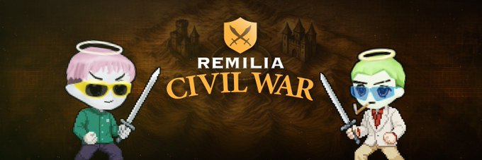 A promotional graphic titled "REMILIA CIVIL WAR" featuring two chibi-style characters with halos and sunglasses, each holding a sword, set against a dark background with a Remilia shield logo.