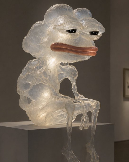 A translucent, melting sculpture of a figure with a large head and prominent lips sits on a pedestal in a gallery, its ethereal, glossy appearance contrasting with the post's cheerful "gm" (good morning) greeting.