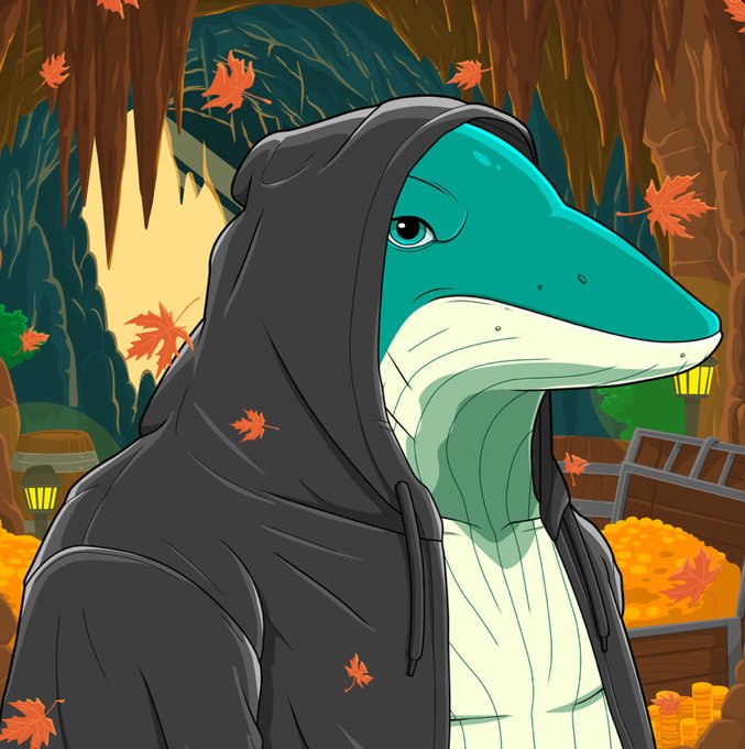 A teal-scaled anthropomorphic shark wearing a black hoodie stands in an autumnal cave filled with gold coins and falling orange leaves, symbolizing the completion of a journey and a "green" day for $ALGO.