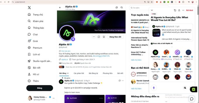 Screenshot of an X/Twitter profile page for 'Alpho AI', an AI agent trading companion with the handle @alphoai.