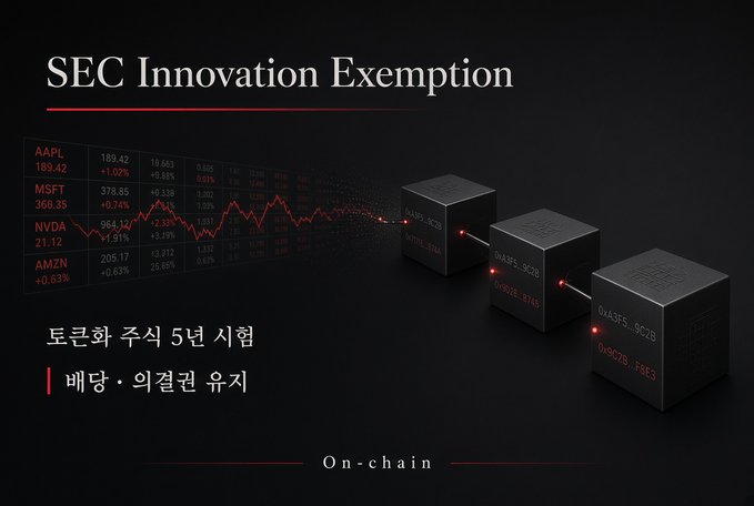 A presentation slide titled 'SEC Innovation Exemption' featuring Korean text '토큰화 주식 5년 시험' and '베탕·의결권 유지', along with stock tickers like AAPL, MSFT, NVDA, AMZN, and images of interconnected black cubes labeled with hash codes.