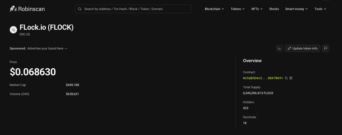 The screenshot displays a Robinscan token page for FLOCK.io (FLOCK), showing a current price of $0.068630, market cap of $449,188, and 423 holders on the ERC-20 network. This relates to the post "Say FLOCK it @RobinhoodCrypto" by confirming the token's availability and tracking data on Robinhood's supported blockchain platform.