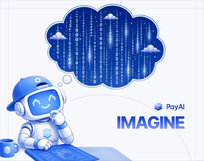 The image features a cartoon robot sitting at a desk with a cup of coffee, wearing a hat and thinking about something. The background shows a blue cloud filled with numbers floating around the robot's head. Below the robot, there is text that reads "Imagine being a merchant" followed by an image of a person holding a sign that says "Payal AI". This suggests that the image is related to a marketing campaign or advertisement for Payal AI, possibly promoting a new product or service.