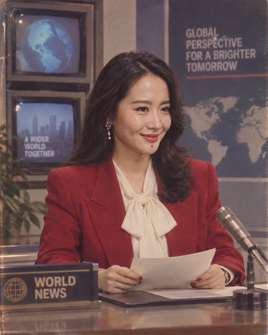 An AI-generated image depicts a female news anchor in a red blazer at a desk with a 'WORLD NEWS' placard, with screens showing a globe and a city skyline alongside the text 'GLOBAL PERSPECTIVE FOR A BRIGHTER TOMORROW' and 'A WIDER WORLD TOGETHER.'