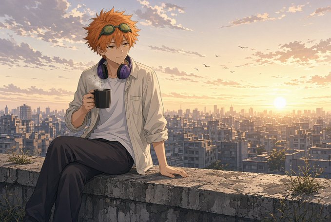 An anime-style illustration of an orange-haired young man sitting on a wall holding a steaming cup of coffee, wearing headphones around his neck, with a sunset cityscape in the background.